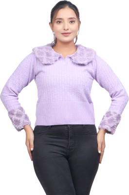 GLAM GALZ Floral Print Collared Neck Casual Women Purple Sweater