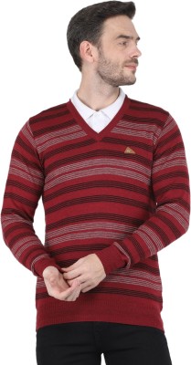 MONTE CARLO Striped V Neck Casual Men Red Sweater