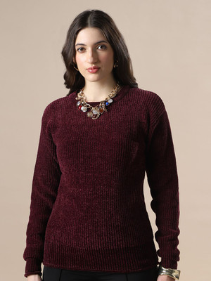 Globus Self Design Round Neck Casual Women Maroon Sweater