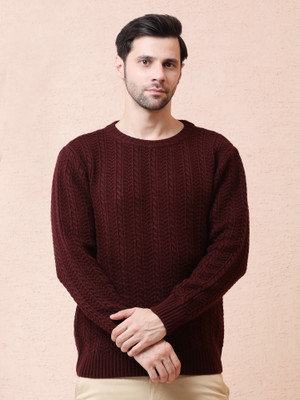 NOQUO Solid, Self Design Round Neck Casual Men Maroon Sweater