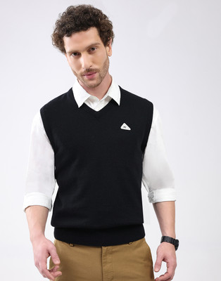 MONTE CARLO Solid V Neck Casual Men Black Sweater