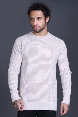 DZANT Checkered Round Neck Casual Men White Sweater