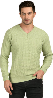 NICO WESLEY Self Design V Neck Casual Men Green Sweater