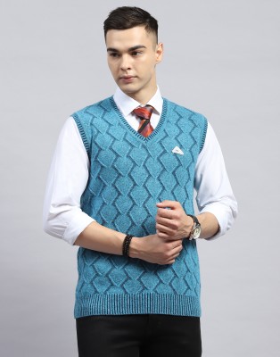 MONTE CARLO Self Design V Neck Casual Men Blue Sweater