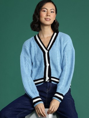 Dressberry Solid V Neck Casual Women Blue Sweater