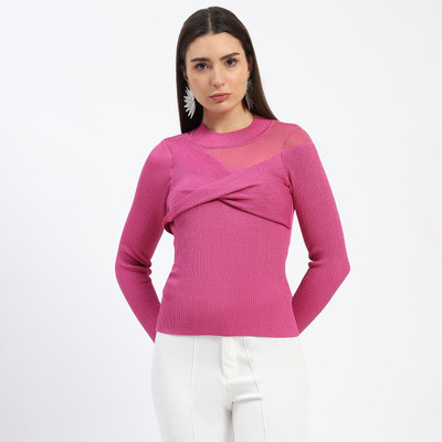MADAME Solid Round Neck Casual Women Pink Sweater