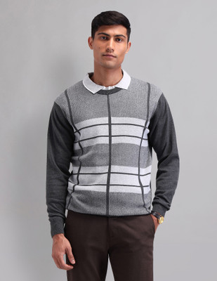 AD by Arvind Self Design Round Neck Casual Men Grey Sweater