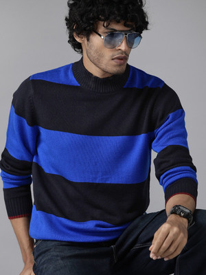 Roadster Striped Round Neck Casual Men Blue Sweater