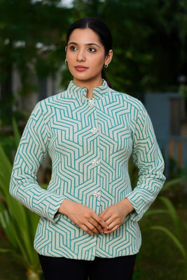 Nxtwin Printed Mandarin Neck Casual Women Green Sweater