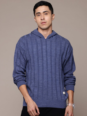 Roadster Striped Hooded Neck Casual Men Blue Sweater