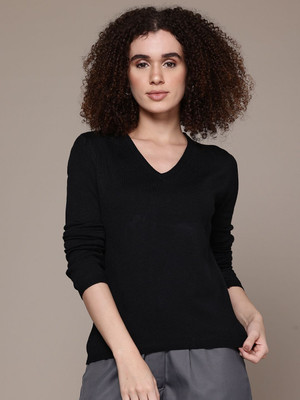 Roadster Solid V Neck Casual Women Black Sweater