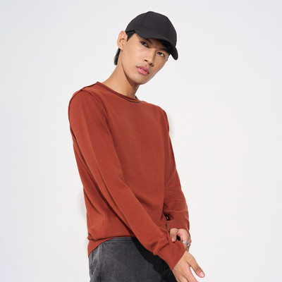PEOPLE Solid Round Neck Casual Men Brown Sweater