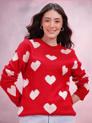 Dressberry Self Design Round Neck Casual Women Red Sweater