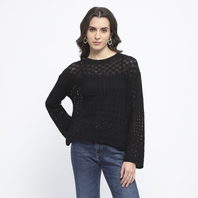 MADAME Self Design Crew Neck Casual Women Black Sweater