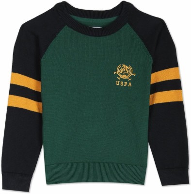 U.S. POLO ASSN. Checkered Round Neck Casual Boys Green Sweater