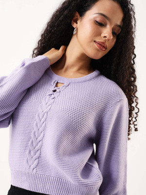 DL Woman Solid Round Neck Casual Women Purple Sweater