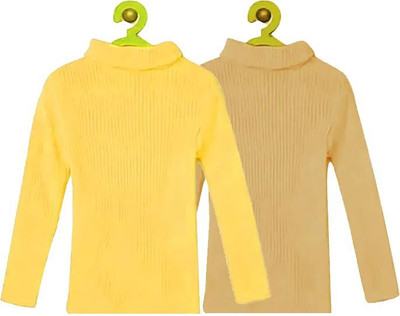 100LUCK Self Design Turtle Neck Casual Boys & Girls Yellow, Beige Sweater