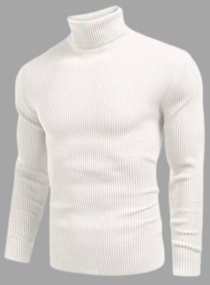 FEVERFEW Woven High Neck Casual Men White Sweater