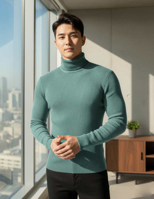 nikline Solid High Neck Casual Men Green Sweater