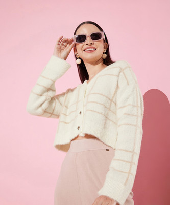 Roadster Checkered V Neck Casual Women White Sweater