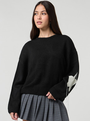 BEWAKOOF Self Design Round Neck Casual Women Black Sweater