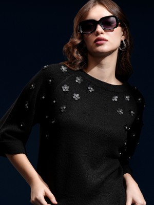 Tokyo Talkies Self Design Round Neck Casual Women Black Sweater