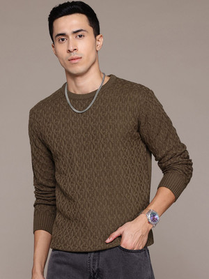 Roadster Self Design Round Neck Casual Men Green Sweater