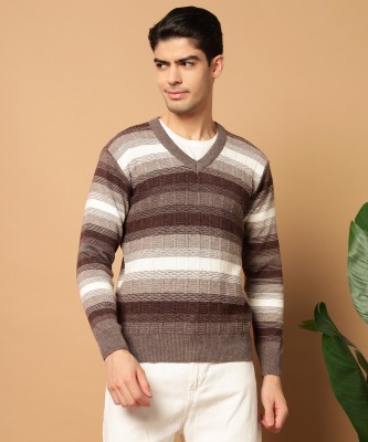 SILVANUS Striped V Neck Casual Men Brown Sweater