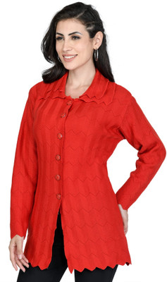 jksaini Woven Collared Neck Casual Women Red Sweater