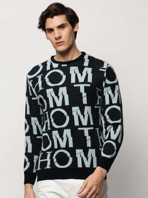 SHOWOFFFF Self Design Round Neck Casual Men Dark Blue Sweater
