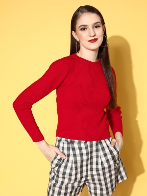 Berrylush Striped Round Neck Casual Women Red Sweater