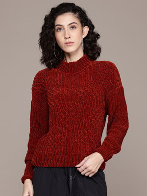 Roadster Self Design Turtle Neck Casual Women Maroon Sweater