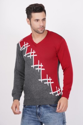 AXOLOTL Colorblock V Neck Casual Men Grey Sweater