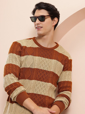 Mast & Harbour Striped Round Neck Casual Men Red Sweater