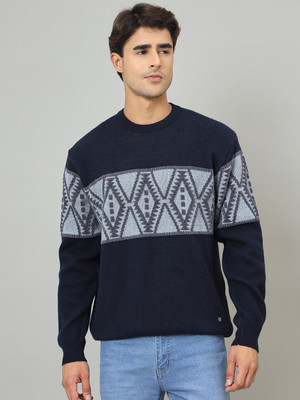 DUKE Self Design Round Neck Casual Men Blue Sweater