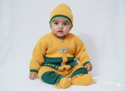 bloomkids Self Design V Neck Casual Baby Boys & Baby Girls Yellow, Green Sweater