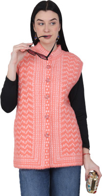 chatanya Printed V Neck Casual Women Pink Sweater