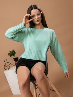 Mast & Harbour Solid Round Neck Casual Women Green Sweater