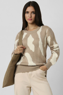 VAN HEUSEN Woven Round Neck Casual Women Beige Sweater