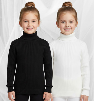 salvia Solid High Neck Casual Girls Black, White Sweater