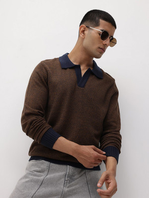 Roadster Solid Square Neck Casual Men Brown Sweater