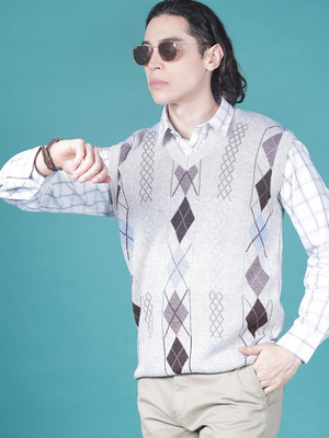 V-MART Geometric Print V Neck Casual Men Grey Sweater