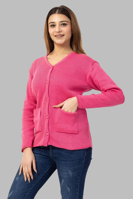 Harjot Self Design V Neck Casual Women Pink Sweater