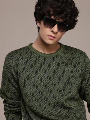 Roadster Printed Round Neck Casual Men Green Sweater
