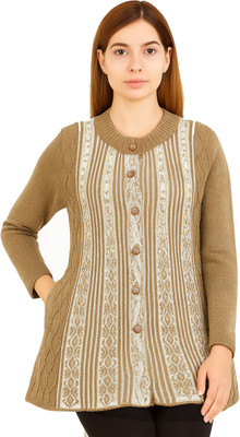 manra Self Design Round Neck Casual Women Beige Sweater