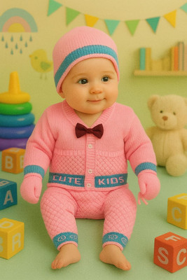 Paryag Self Design Round Neck Casual Baby Boys & Baby Girls Pink Sweater