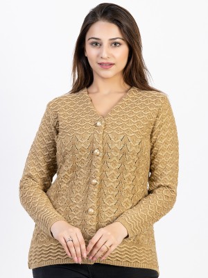 Ekom Solid V Neck Casual Women Beige Sweater