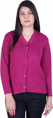 Ozarro Self Design V Neck Casual Women Pink Sweater