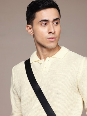Roadster Self Design Collared Neck Casual Men White Sweater