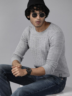 Roadster Solid Round Neck Casual Men Grey Sweater